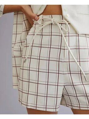 Mare Mare x Anthropologie Plaid High Rise Shorts Ivory Wine XS Belted